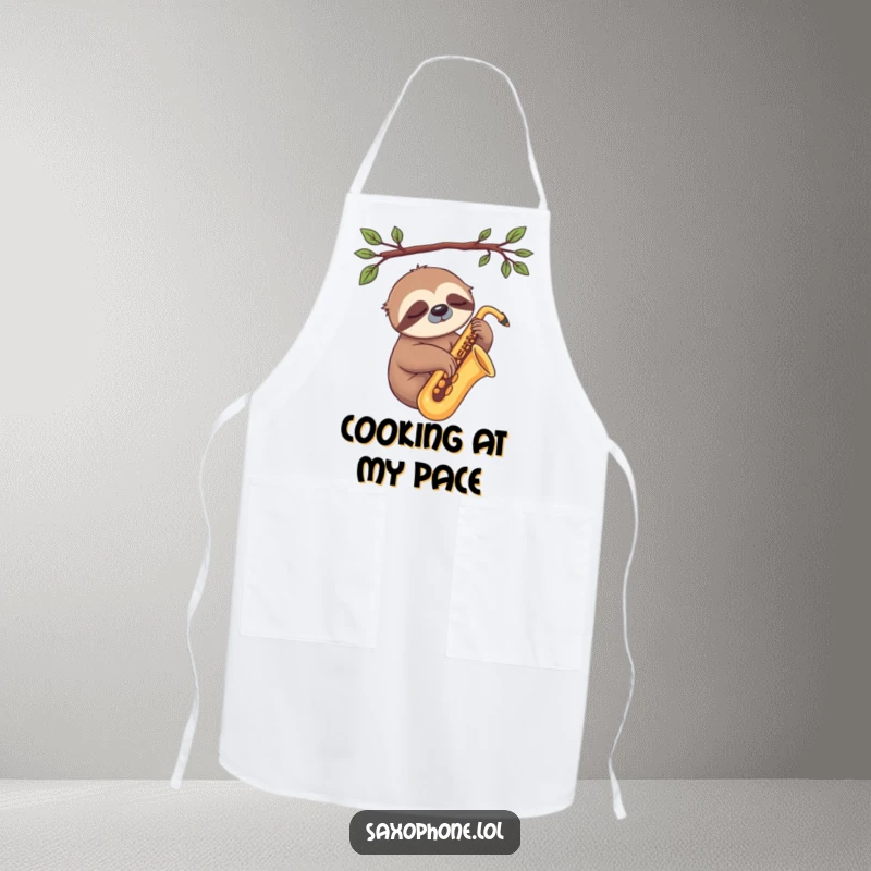 Funny Sloth Sax Apron: A sleepy sloth rests on a saxophone, a humorous and practical kitchen accessory for slow cooks.