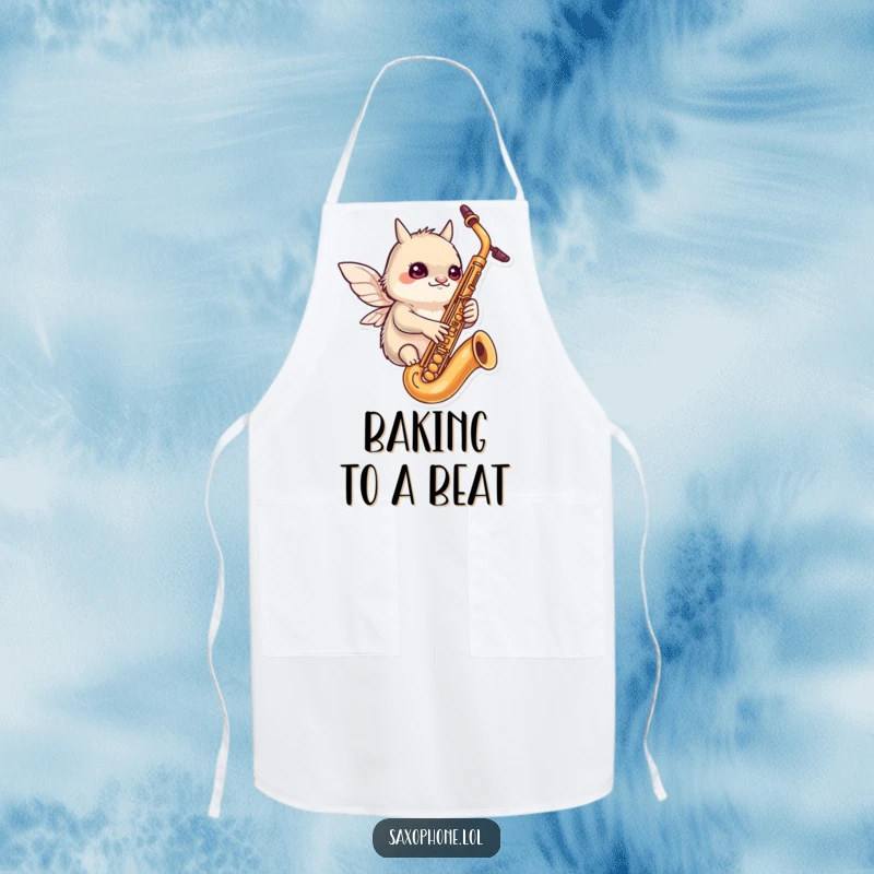 Funny apron: a determined creature with tiny wings flutters around a saxophone, expressing focused fun during a musical endeavor.