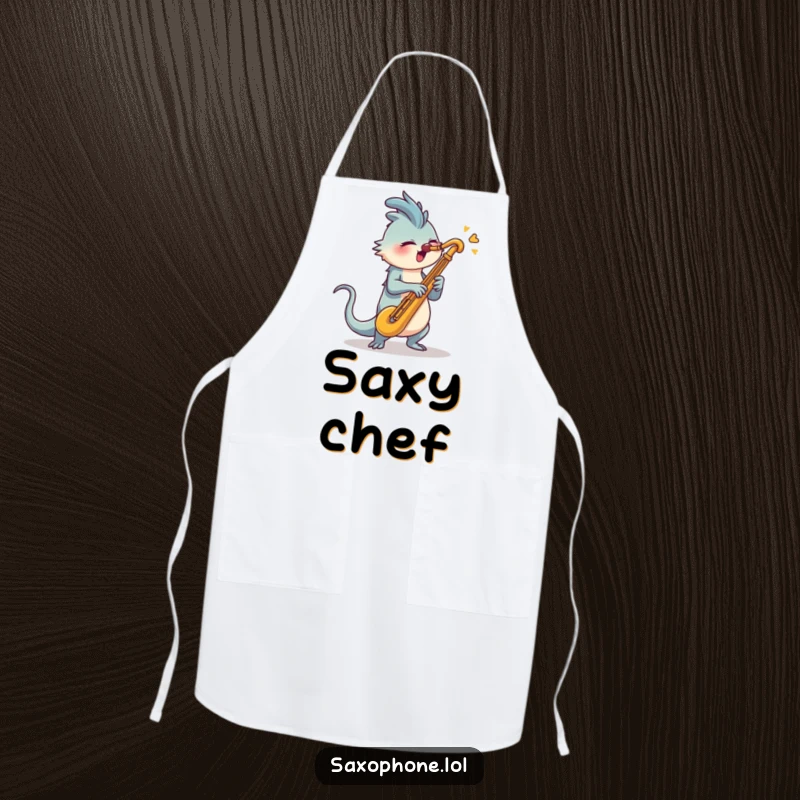 Funny Saxophone Apron: A creature with a long tail energetically swiveling its head to blast into a saxophone.
