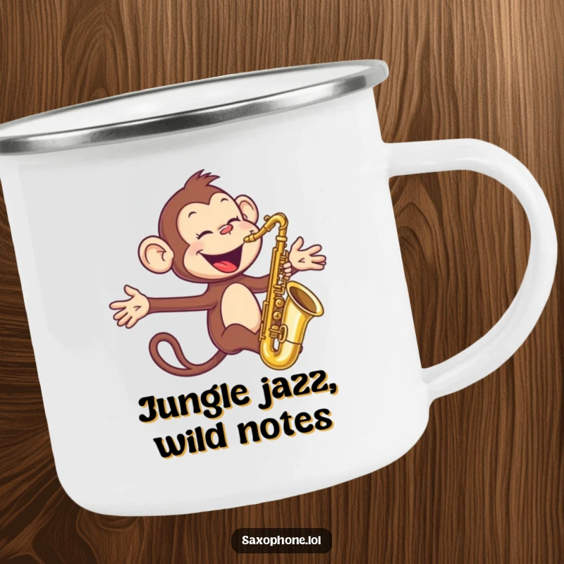 Funny Monkey Sax Camping Mug: A joyful monkey blows into a saxophone with arms outstretched, a durable and humorous mug for adventures.