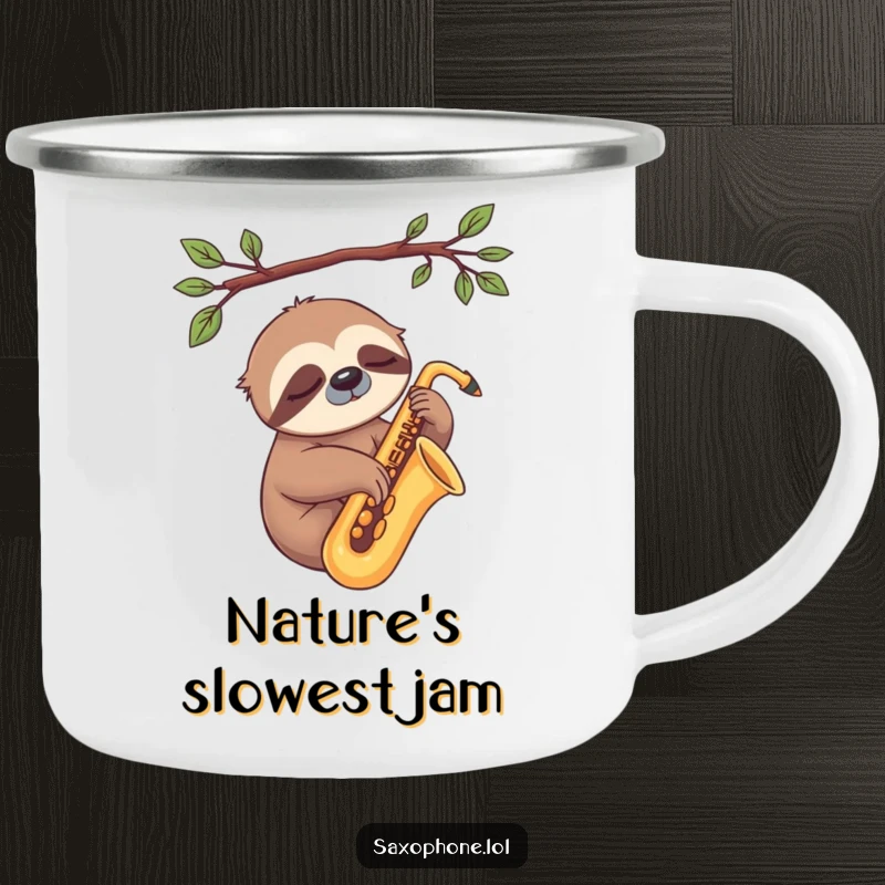 Funny Sloth Sax Camping Mug: A sleepy sloth rests on a saxophone, a durable and humorous mug for outdoor relaxation.