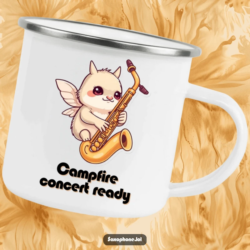 Funny camping mug: a determined creature with tiny wings flutters around a saxophone, perfect for outdoor musical adventures.