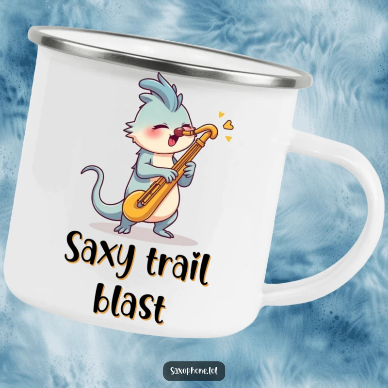 Funny Saxophone Camping Mug: A creature with a long tail energetically swiveling its head to blast into a saxophone.