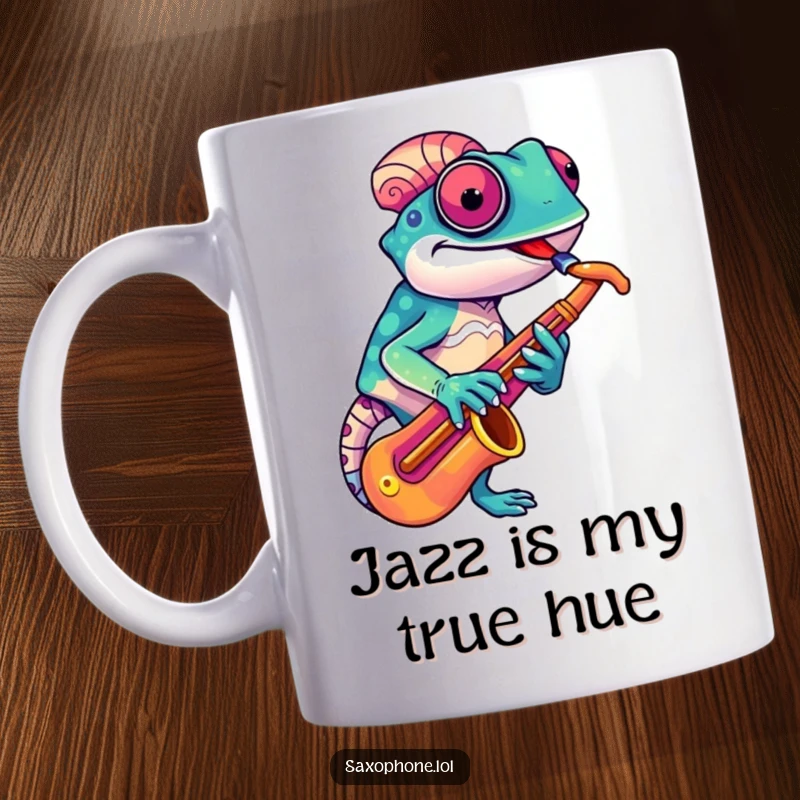 Funny Chameleon Sax Mug: A colorful chameleon adjusts its saxophone with a quirky grin, a jazzy and amusing design.
