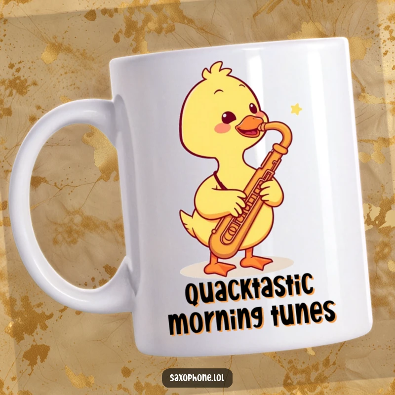 Funny mug featuring a smiling duck playfully honking into a saxophone, creating a whimsical and musical scene.