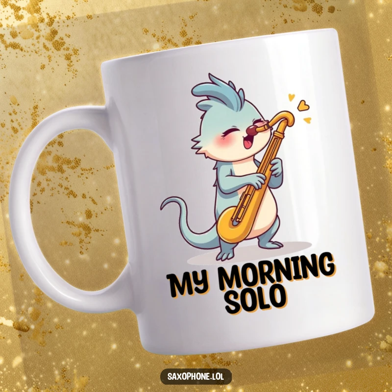 Funny Saxophone Mug: A creature with a long tail energetically swiveling its head to blast into a saxophone.
