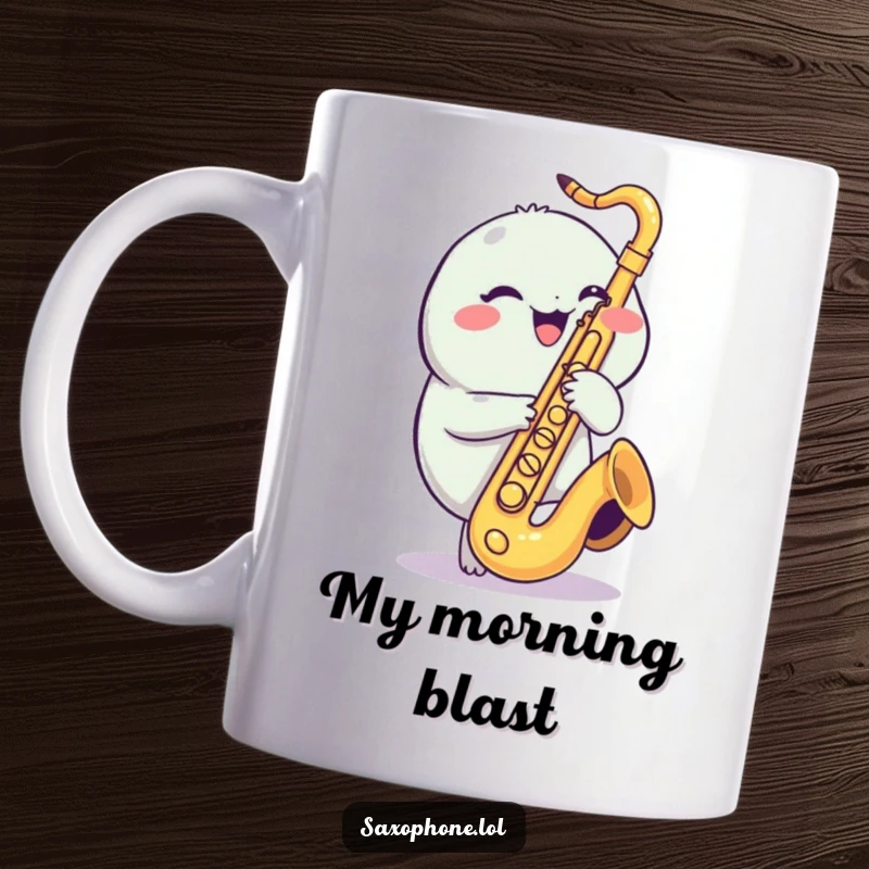 Funny Saxophone Creature Mug: A round, cheerful creature giggling while playfully tapping saxophone valves.