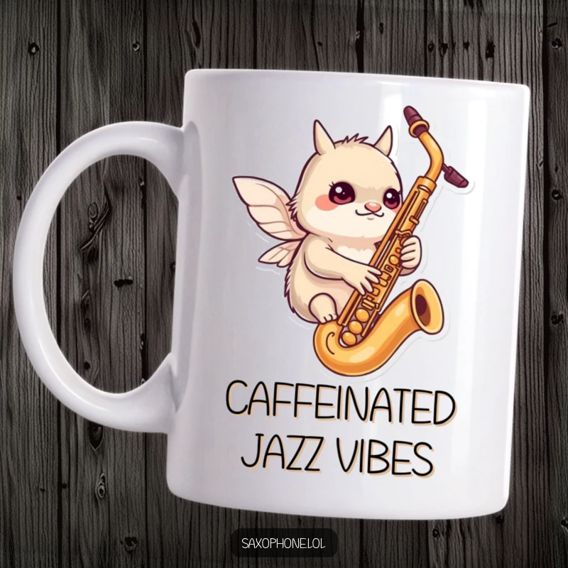 Funny mug: a determined creature with tiny wings flutters around a saxophone, eyes showing focused, fun concentration.