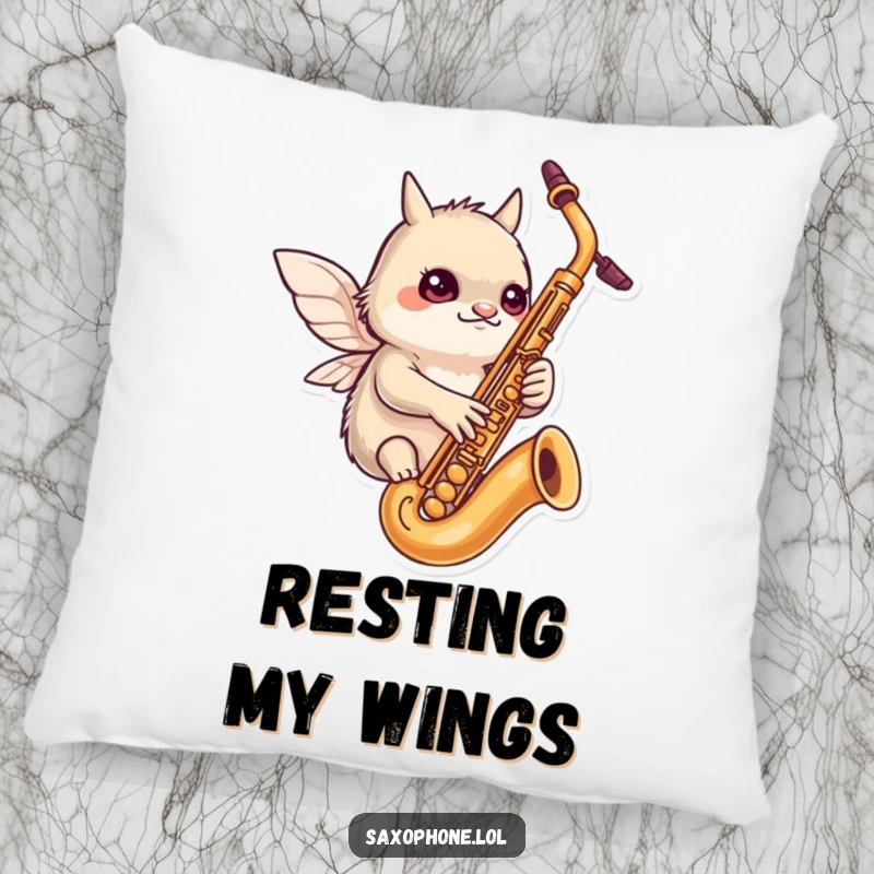 Funny pillow: a determined creature with tiny wings flutters around a saxophone, symbolizing focused fun and musical passion.