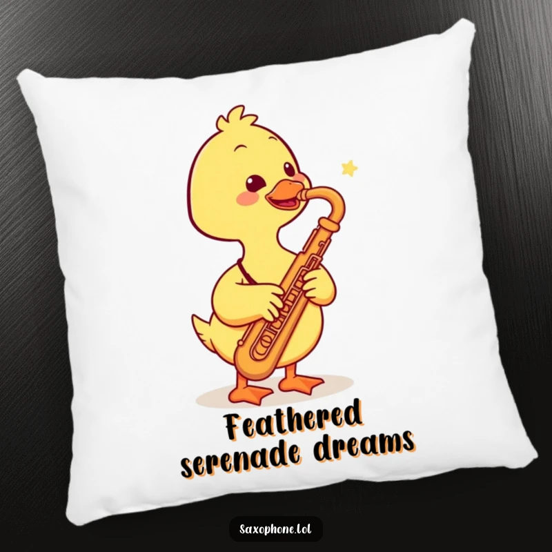 Funny pillow with a smiling duck playing a saxophone, bringing a cheerful musical presence and soft comfort to any room.