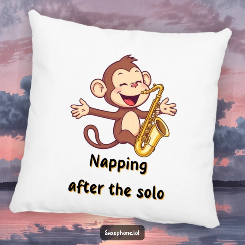 Funny Monkey Sax Pillow: A joyful monkey blows into a saxophone with arms outstretched, a cozy and humorous decorative pillow.