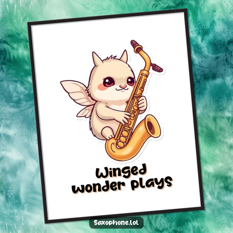 Funny digital art print: a determined creature with tiny wings flutters around a saxophone, showcasing focused musical fun.