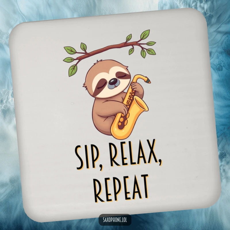 Funny Sloth Sax Coaster: A sleepy sloth rests on a saxophone, a humorous and practical surface protector for chill spaces.