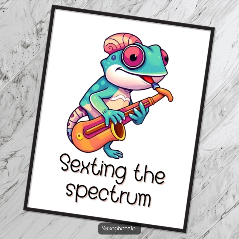 Funny Chameleon Sax Poster: A colorful chameleon with a quirky grin adjusts its saxophone, creating a jazzy and amusing wall art.