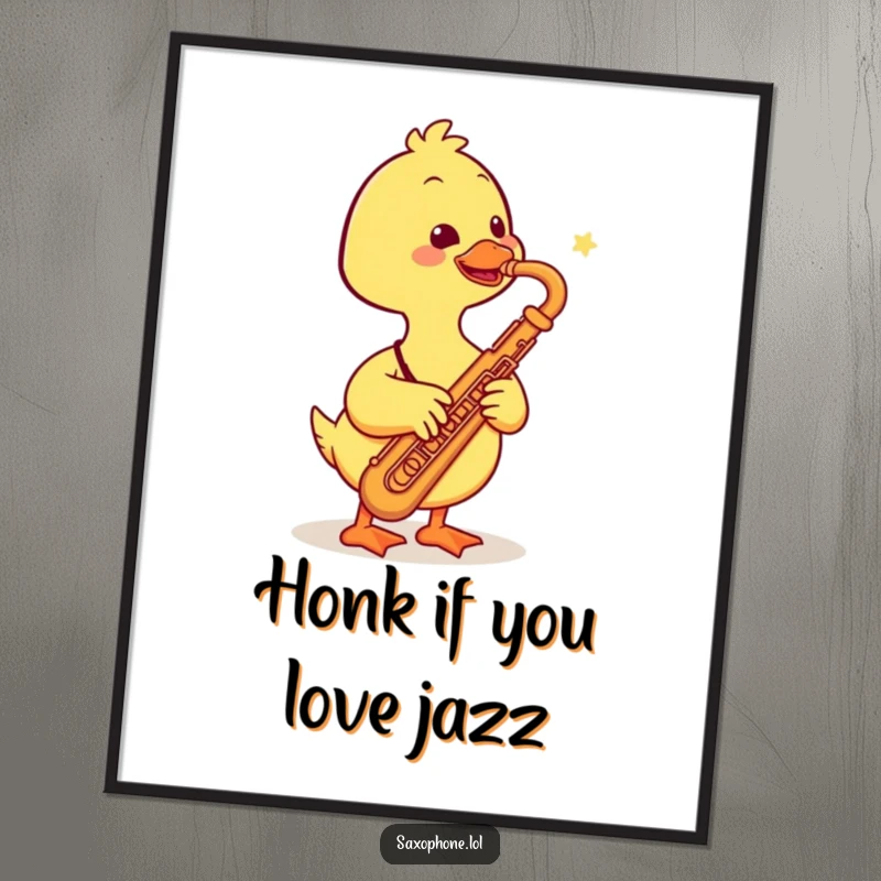Funny poster showcasing a smiling duck playing a saxophone, creating a vibrant and musical scene full of joyful expression.
