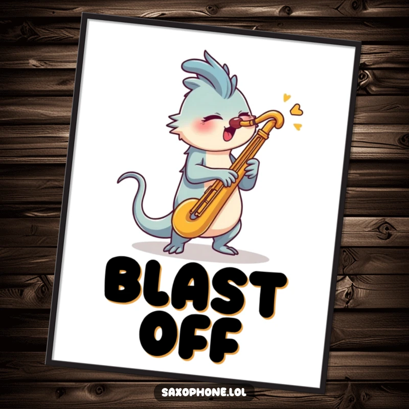 Funny Saxophone Poster: A creature with a long tail energetically swiveling head to blast into a saxophone, dynamic art.