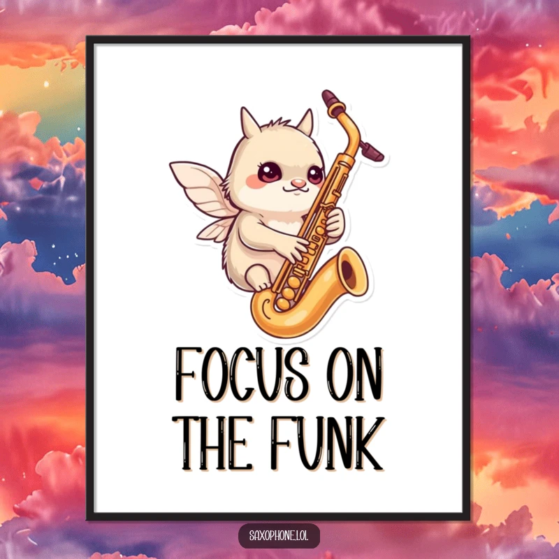 Funny poster: a determined creature with tiny wings flutters around a saxophone, capturing a moment of focused musical fun.