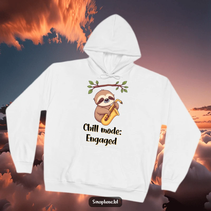 Funny Sloth Sax Hoodie: A sleepy sloth rests lazily on a saxophone, offering cozy relaxation and musical charm.