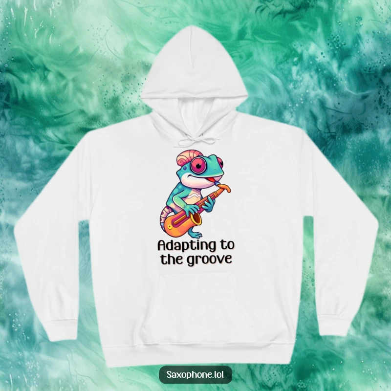 Funny Chameleon Sax Hoodie: A colorful chameleon adjusts its saxophone with a quirky grin, offering cozy musical fun.