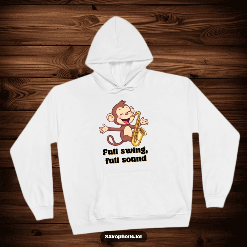 Funny Monkey Sax Hoodie: A joyful monkey blows enthusiastically into a saxophone, arms outstretched, offering cozy jungle fun.