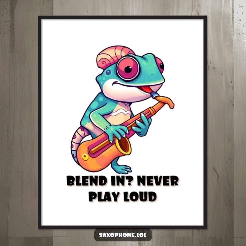 Funny Free Printable Wall Art: A vibrant chameleon with a quirky grin adjusting its colorful saxophone, cool animal art.