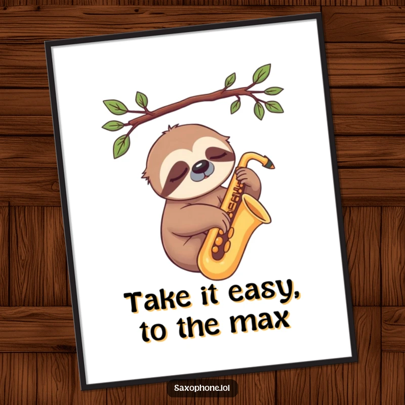Funny Free Printable Wall Art: A sleepy sloth casually hanging from a branch, one paw resting on a saxophone, chill animal art.