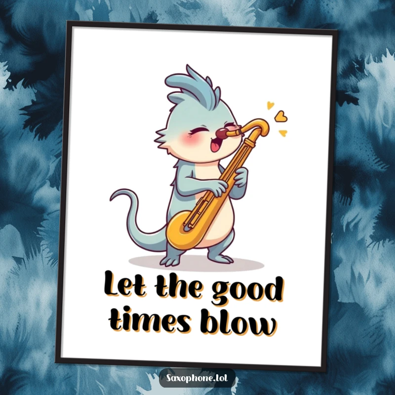 Funny Free Printable Saxophone Blaster Wall Art: A creature with a long tail energetically swivels its head to blast into a saxophone.