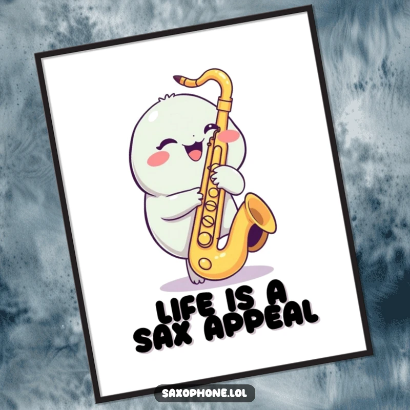 Funny Free Printable Saxophone Creature Wall Art: A round, cheerful creature playfully taps saxophone valves, giggling.