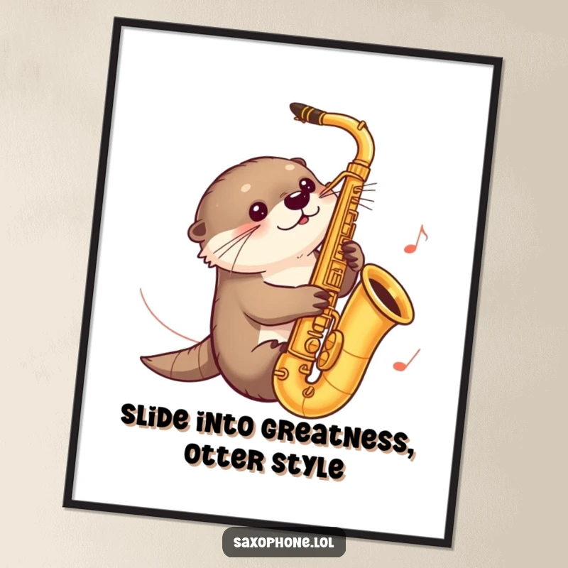 Funny Free Printable Wall Art: A curious otter slides down a saxophone, creating a whimsical music trail. Playful art.