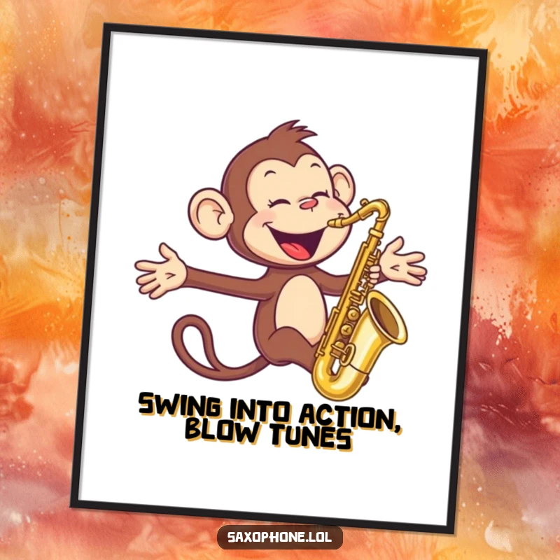 Funny Free Printable Wall Art: A joyful monkey energetically playing a saxophone with arms outstretched, whimsical jungle art.