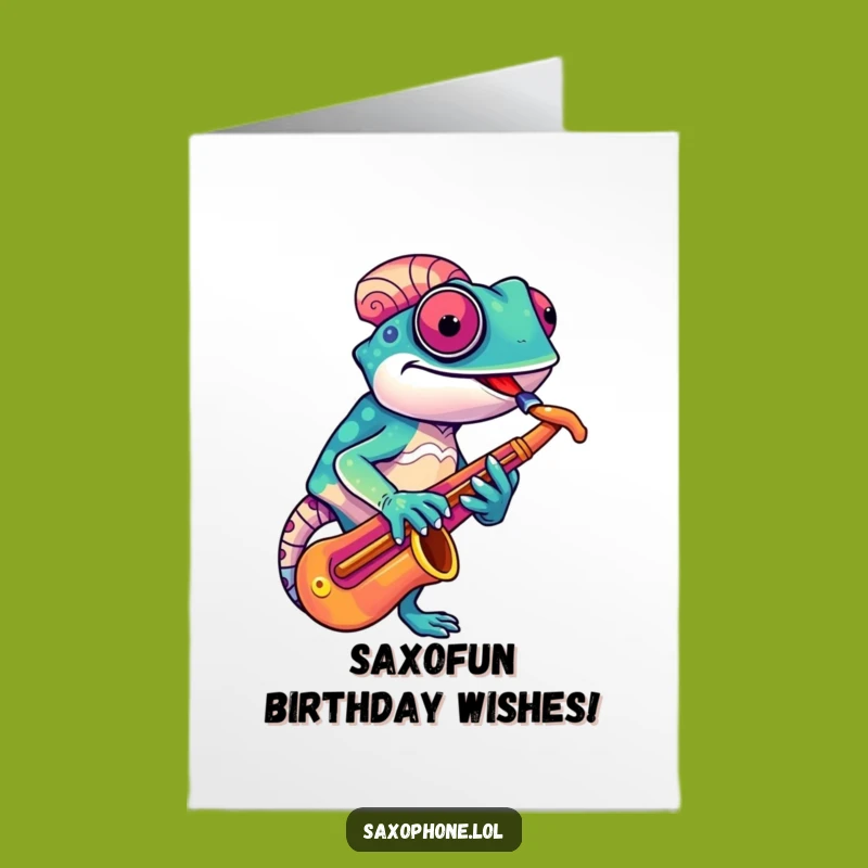 Free Printable Birthday Card: Chameleon Sax Player - Humorous Downloadable Gift