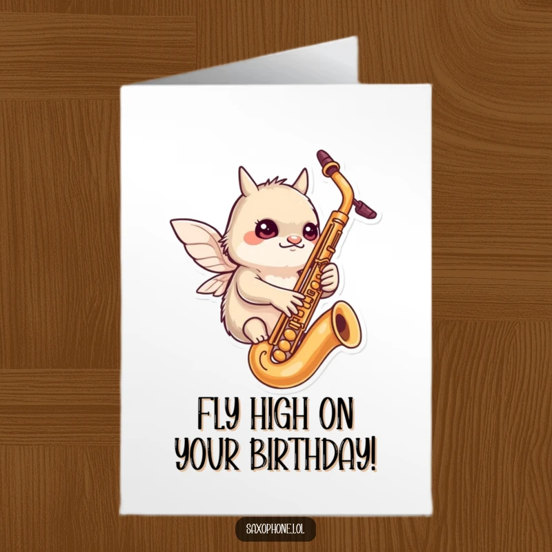 Funny Free Printable Birthday Card: Tiny winged creature intently fluttering around a saxophone, focused on fun and music.