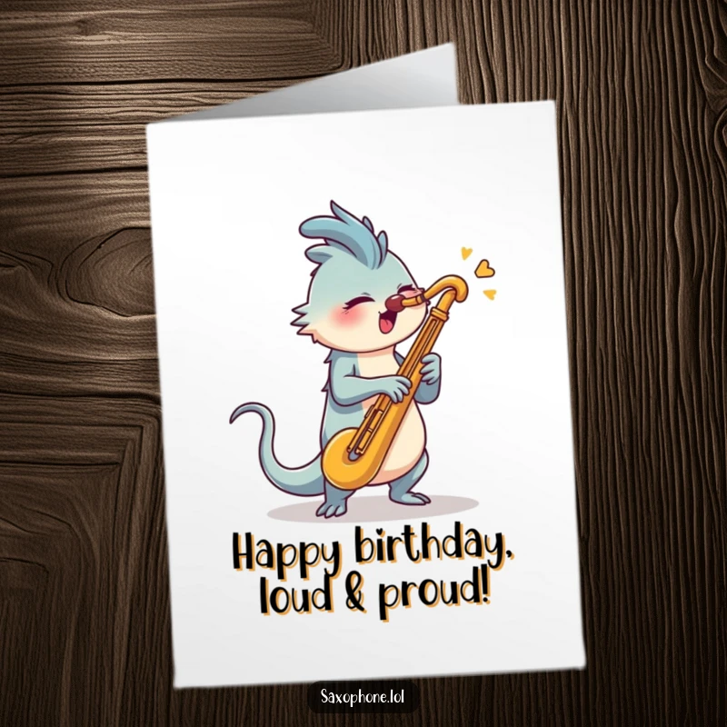 Funny Free Printable Saxophone Blaster Birthday Card: A creature with a long tail blasts into a saxophone.