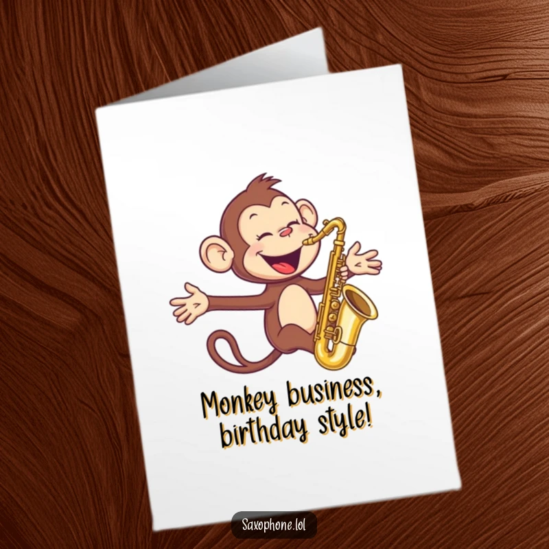 Funny Free Printable Birthday Card: Joyful monkey playing saxophone with arms outstretched, full of birthday energy.