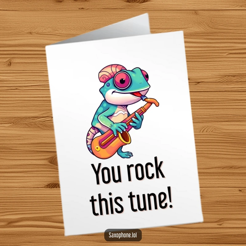 Free Printable Congrats Card: A colorful chameleon musician with a grin adjusting its saxophone, celebrating achievement.