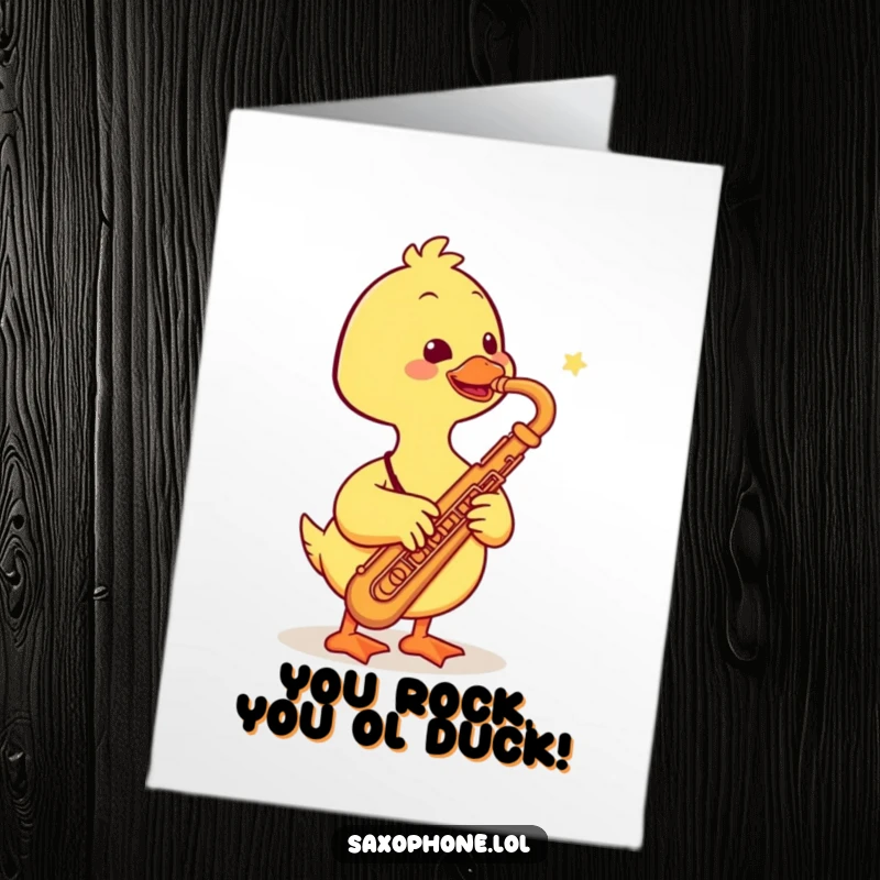 Funny Free Printable Congratulations Card: A smiling duck plays a saxophone, honking out a celebratory tune. Jazzy success.