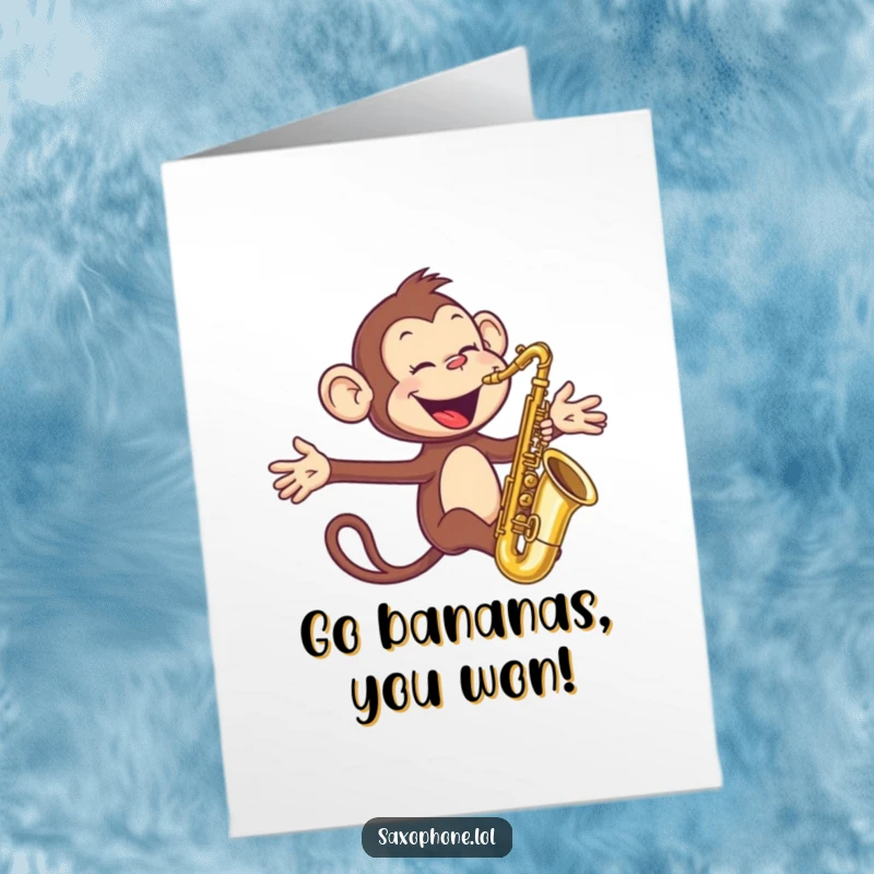 Free Printable Congrats Card: An ecstatic monkey playing a saxophone with arms wide, celebrating success heartily.