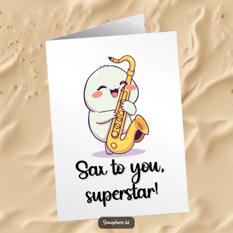 Funny Free Printable Saxophone Creature Congratulations Card: A cheerful creature giggling while tapping saxophone valves.
