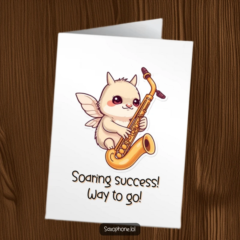 Funny Free Printable Congrats Card: Dedicated winged creature hovering around a saxophone, symbolizing focused effort and joyful celebration.