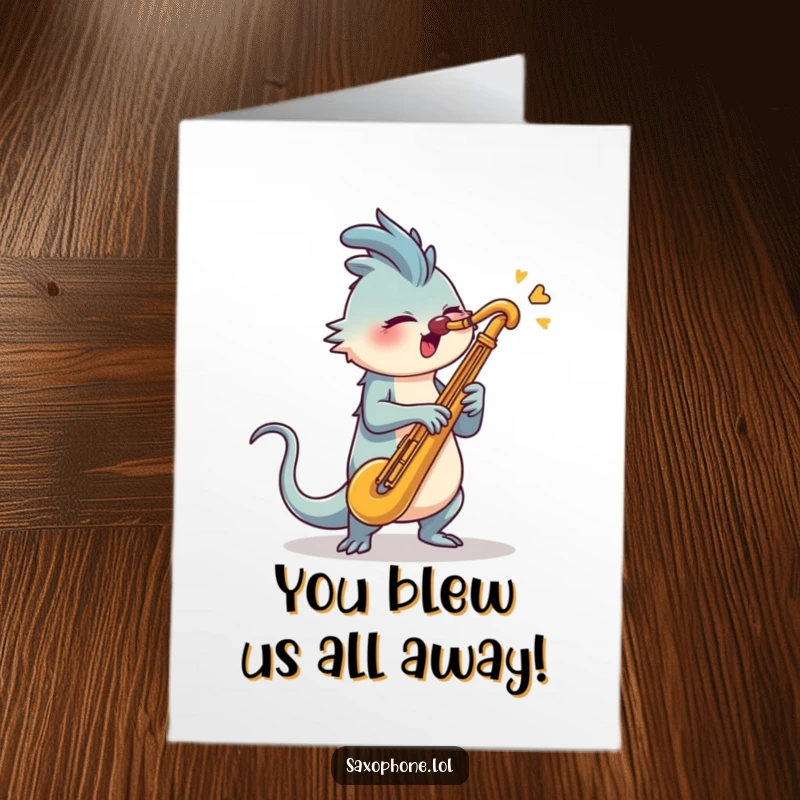 Funny Free Printable Saxophone Blaster Congratulations Card: A creature with a long tail blasts into a saxophone.