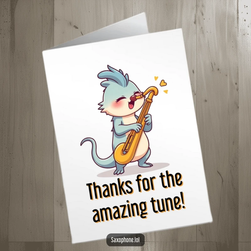 Funny Free Printable Saxophone Blaster Thank You Card: A creature with a long tail blasts into a saxophone.