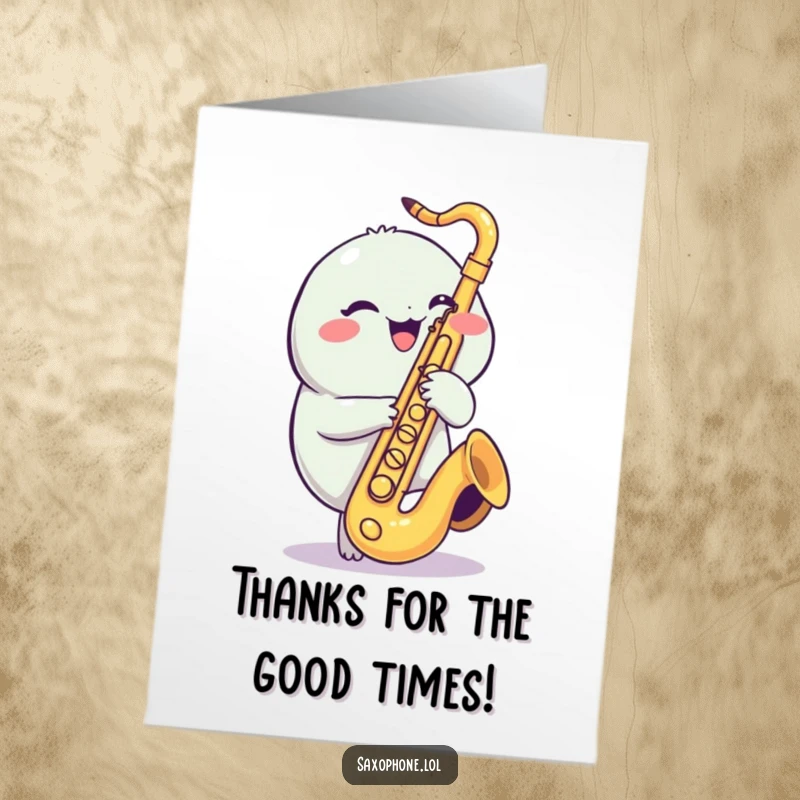 Funny Free Printable Saxophone Creature Thank You Card: A cheerful creature giggling while tapping saxophone valves.