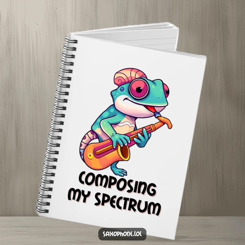 Funny Chameleon Sax Notebook: A colorful chameleon adjusts its saxophone with a quirky grin, making note-taking a jazzy experience.