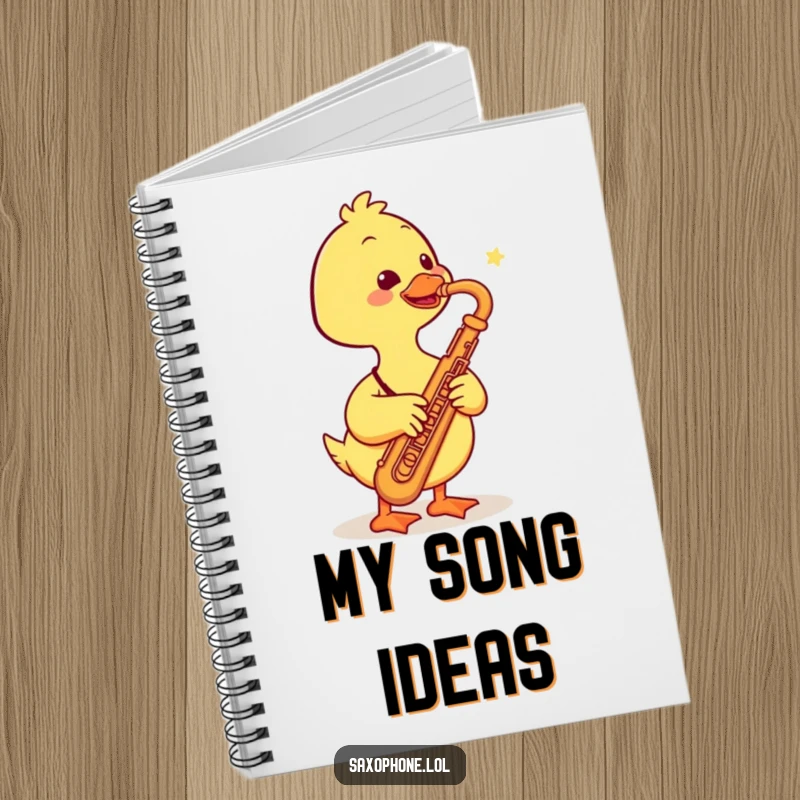 Funny notebook with a smiling duck playing a saxophone, perfect for capturing musical ideas and creative thoughts with humor.