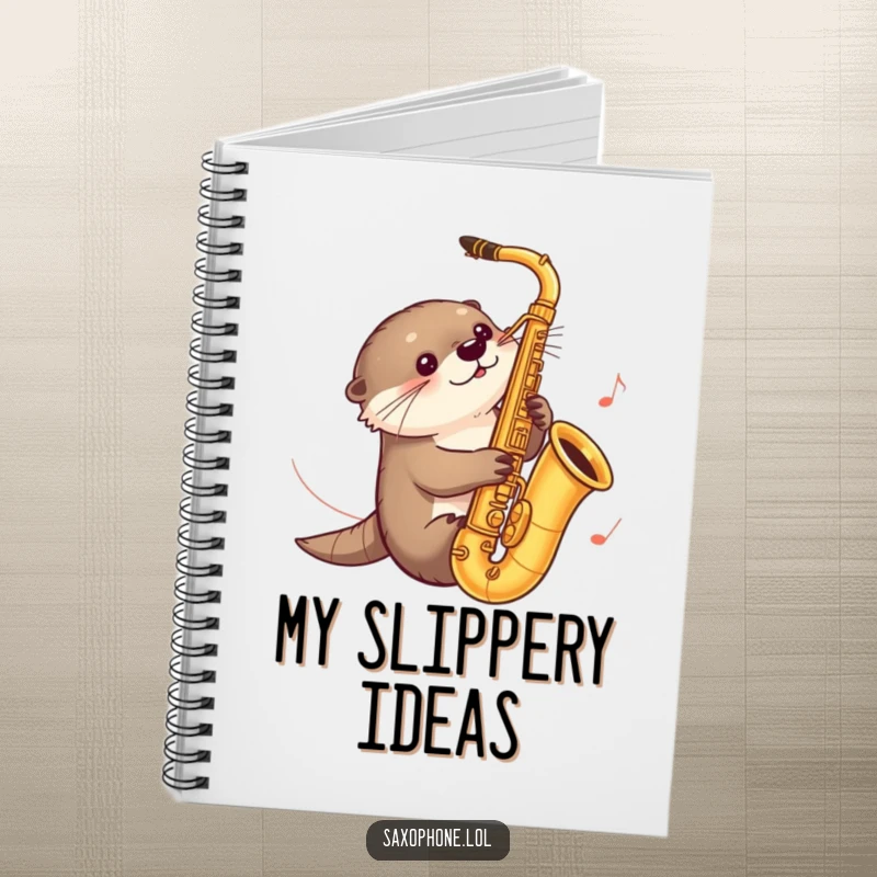 Funny notebook with a curious otter sliding down a saxophone, music notes trailing, perfect for capturing adventurous ideas with humor.