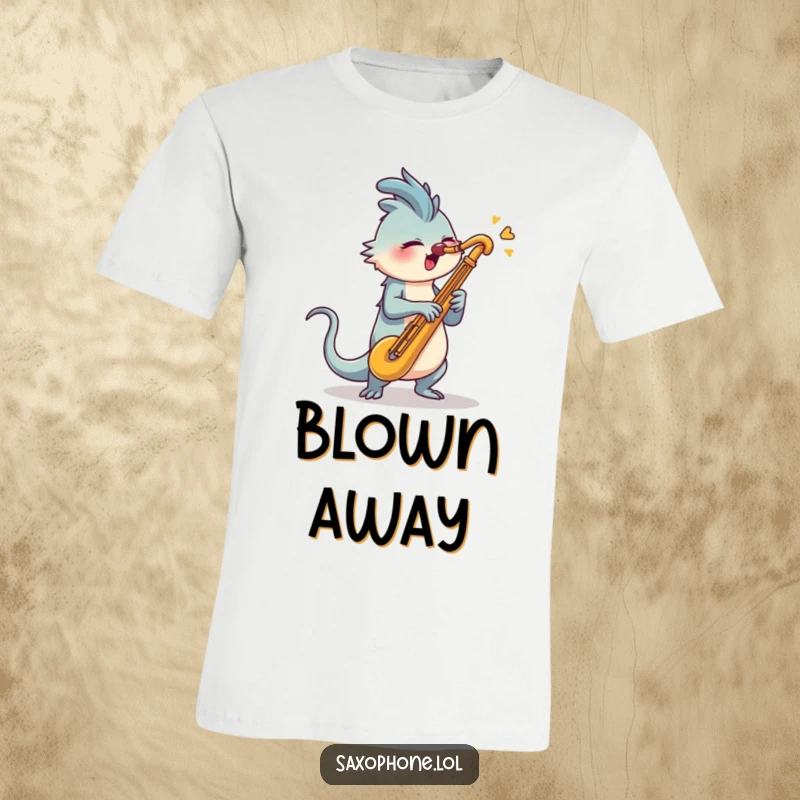 Funny Saxophone T-Shirt: A creature with a long tail energetically swiveling its head to blast into a saxophone.