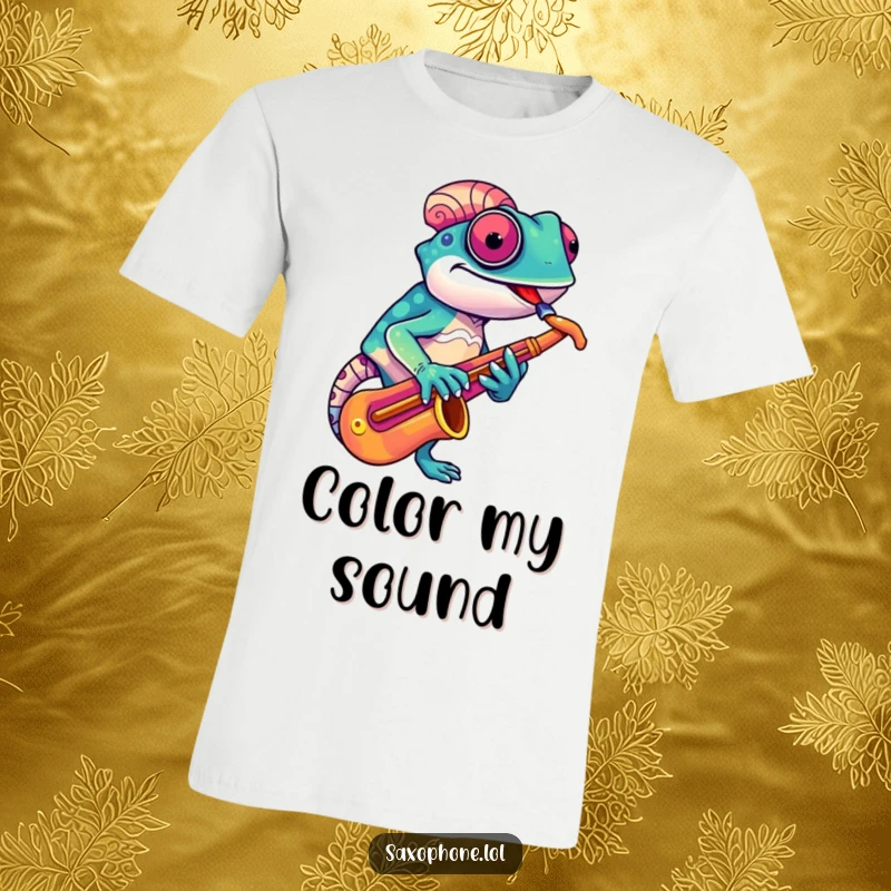 Funny Chameleon Sax T-Shirt: A vibrant chameleon with a grin adjusts its saxophone, showcasing musical flair and humor.
