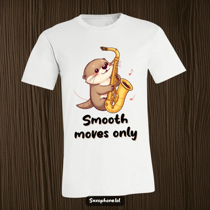 Funny t-shirt depicting a curious otter sliding down a saxophone, surrounded by trailing music notes, embodying playful exploration.