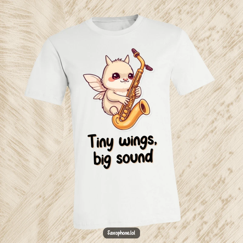 Funny t-shirt: a determined creature with tiny wings flutters around a saxophone, showcasing focused fun and dedication.