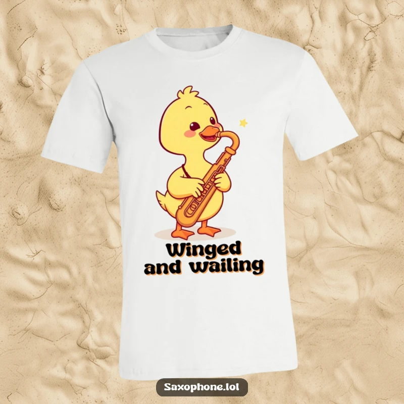 Funny t-shirt depicting a smiling duck enthusiastically honking into a saxophone, celebrating musical joy and playful vibes.